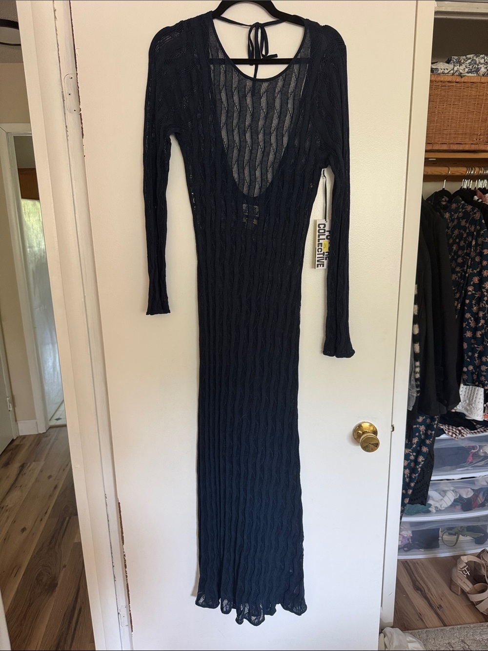 Sheer Navy Long-Sleeve Maxi Dress with Scoop Back